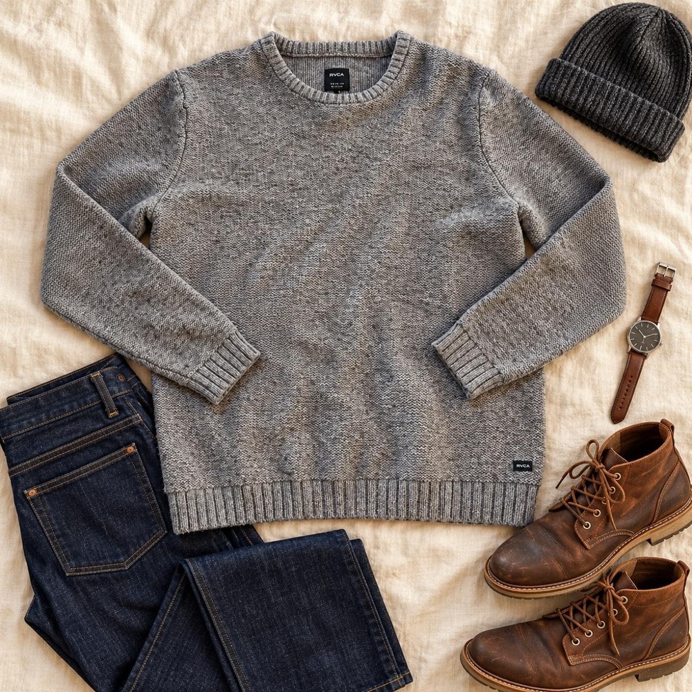 RVCA Men's XL Gray Chunky Knit Crewneck Sweater Cotton Blend Surf Skate